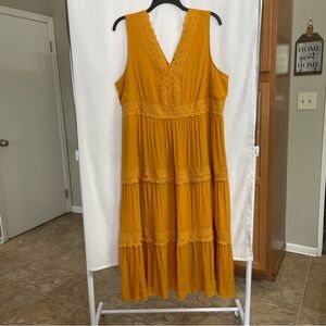 Gold Sleeveless V-Neck Maxi Sundress Tiered Bohemian Summer Resort